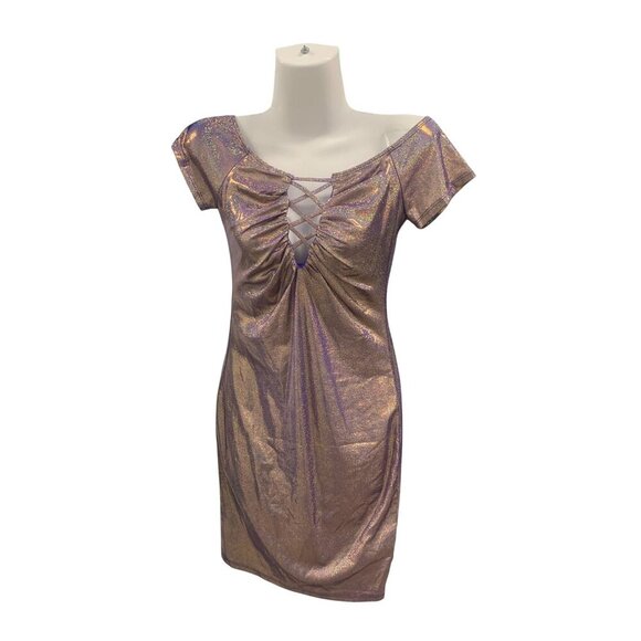 Metallic Off-Shoulder Lace-Up Mini Dress S/M/L Black & Purple I - Picture 3 of 5